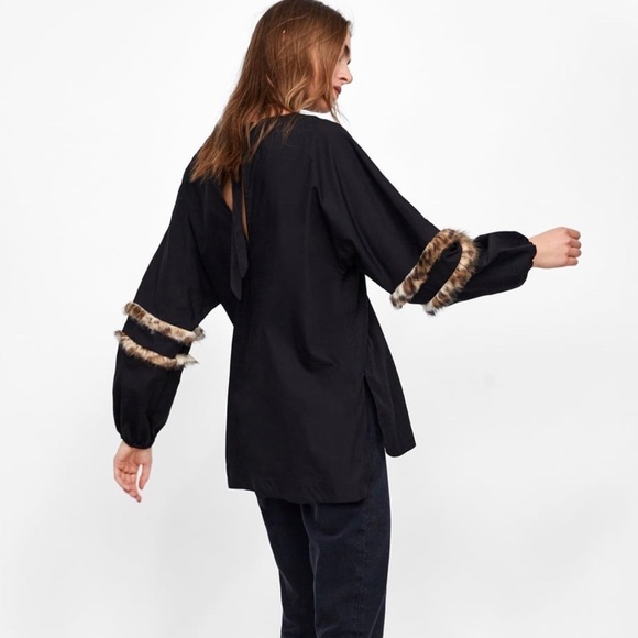 ZARA Poplin Top with Faux Fur Sleeve Detail - Picture 5 of 8